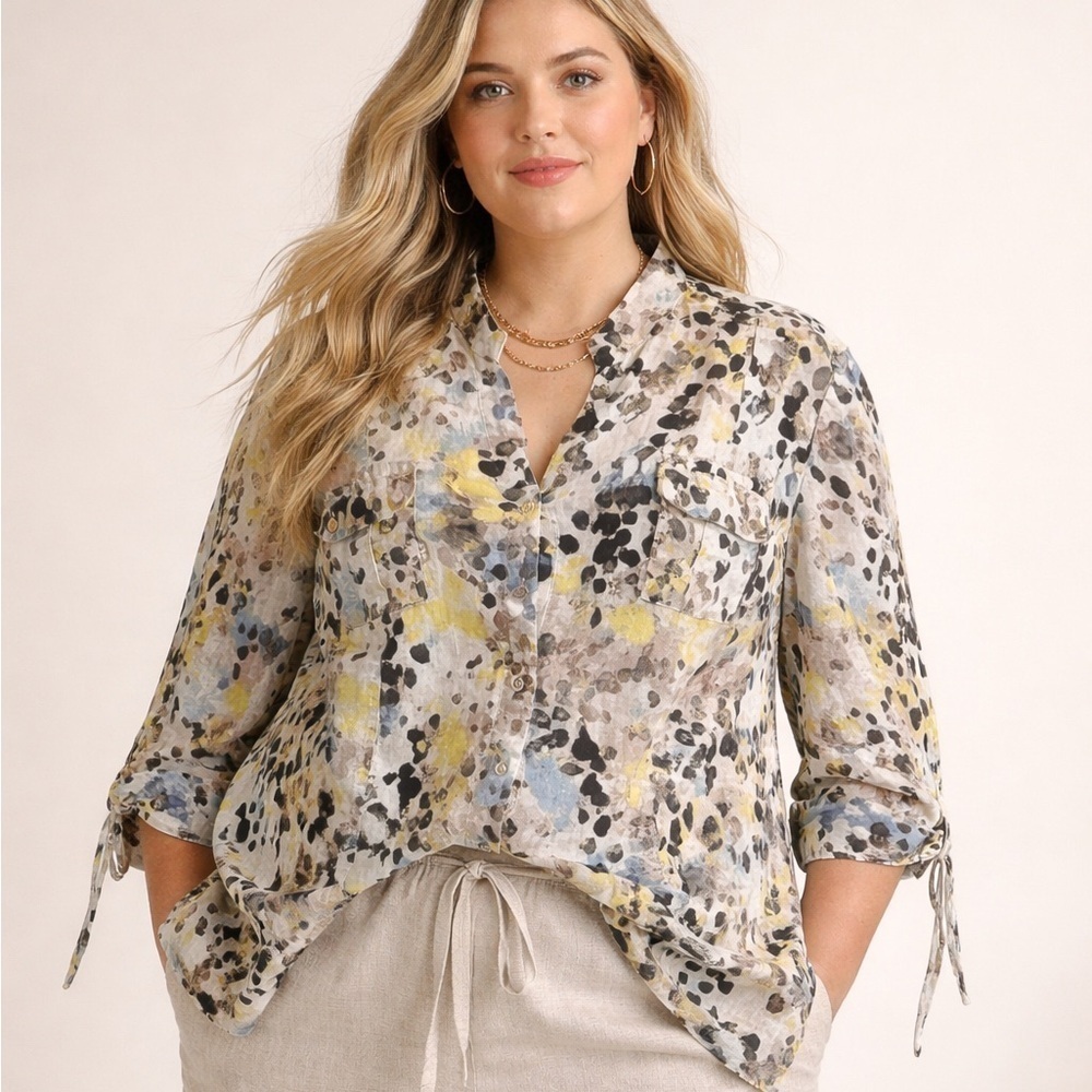 Linen Button Up 3/4 Sleeve Leopard Woven Shacket Blouse 1X Relaxed Boho Modest